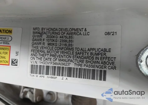 2021 Honda Accord Sport z USA, uszkodzony, nr VIN 1HGCV1F34MA096237